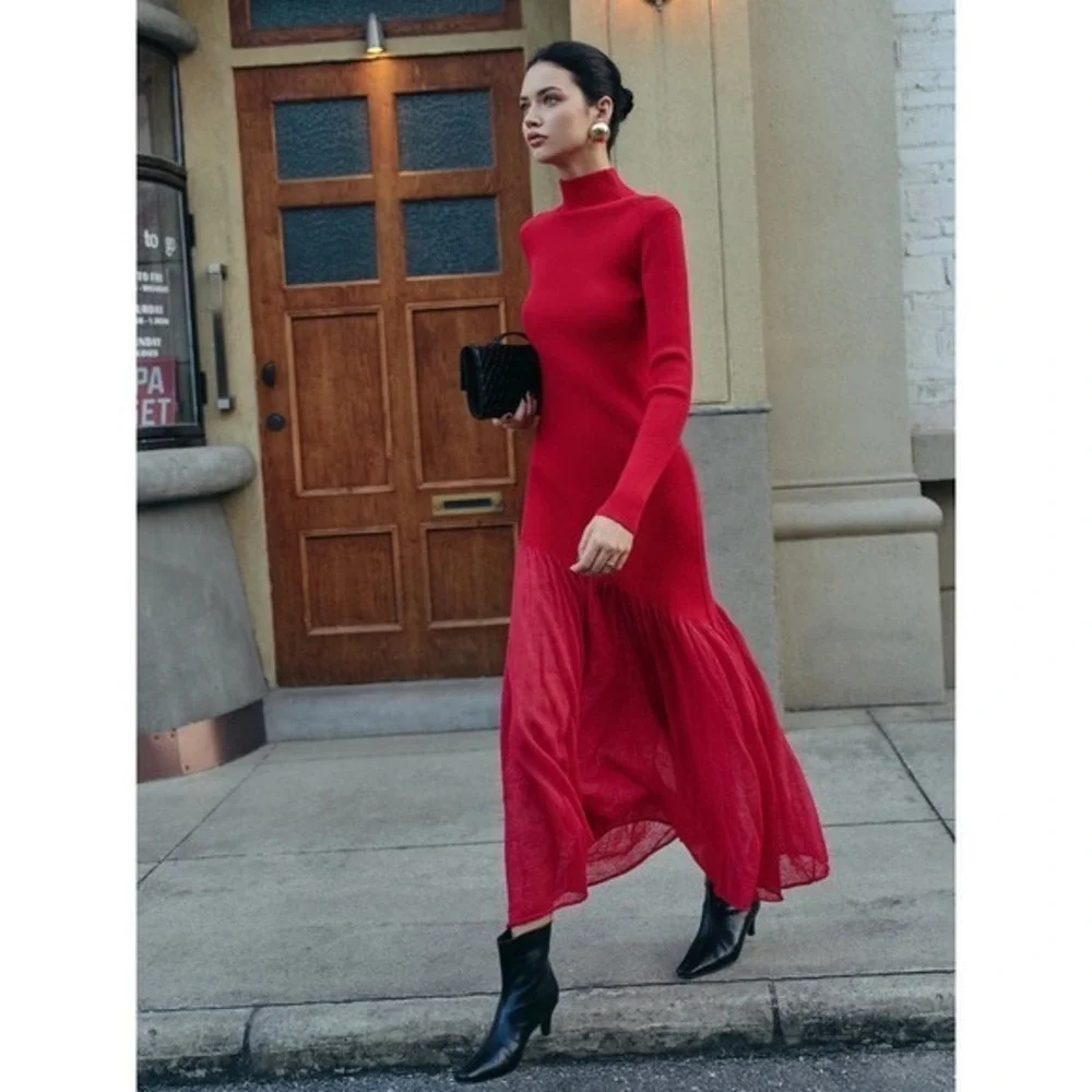 Commense Red‎ Knit Maxi Dress Turtleneck Long Sleeve Evening Cocktail Dress